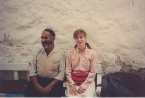 Me with a tiny man outside tiny synagogue, outside Orthodox quarter of Jerusalem. June 1990.